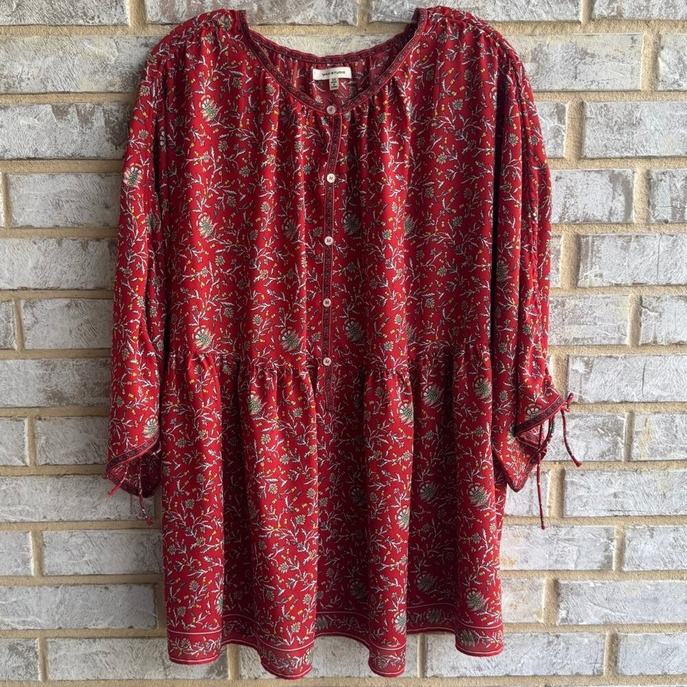 Max Studio Red Floral Button-Front Peasant Blouse